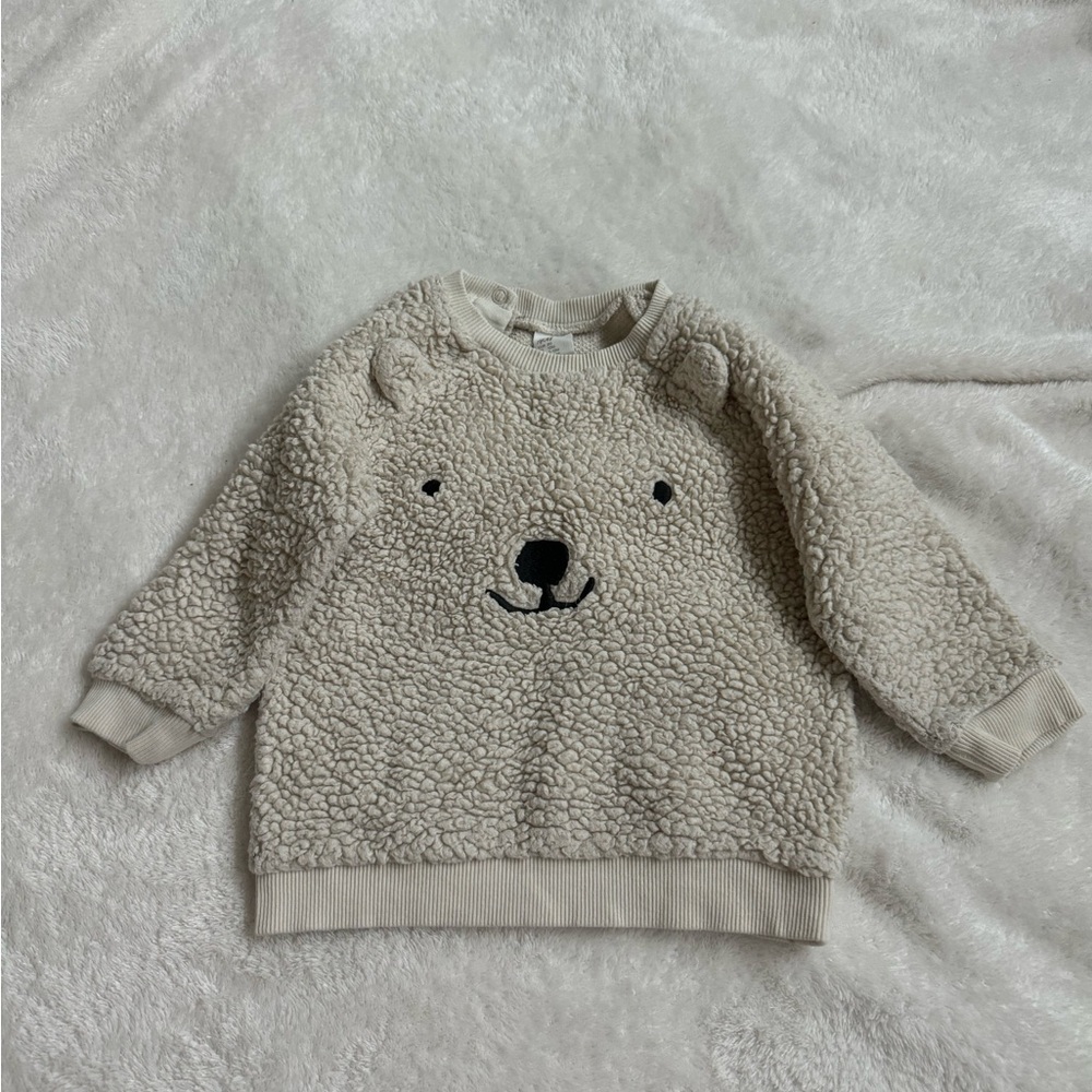 H&M Baby Sherpa Bear Sweatshirt 12M | Beige Teddy Fleece Pullover